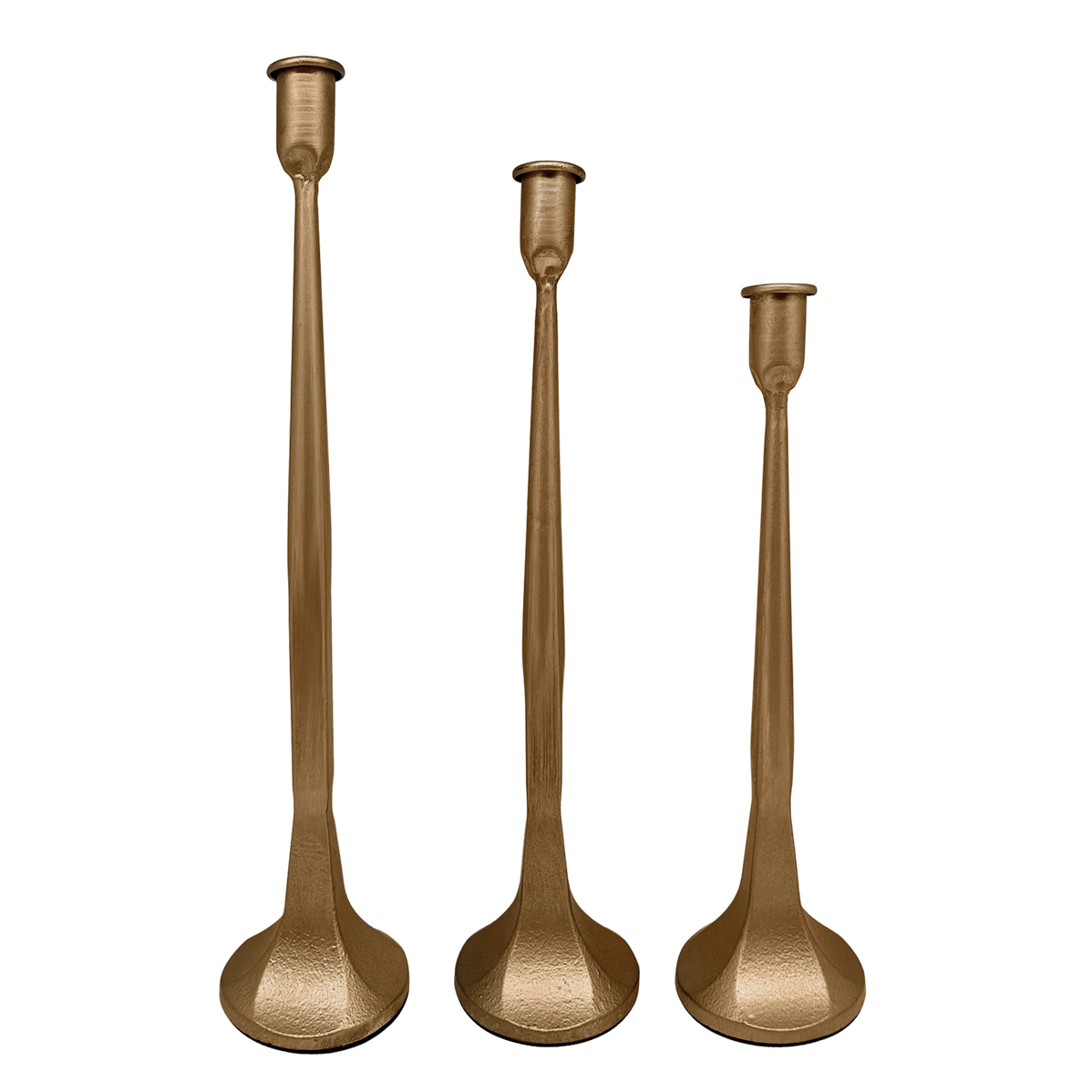 Set of three gold cast iron taper candle holders in graduated heights with long slender stems and wide circular bases