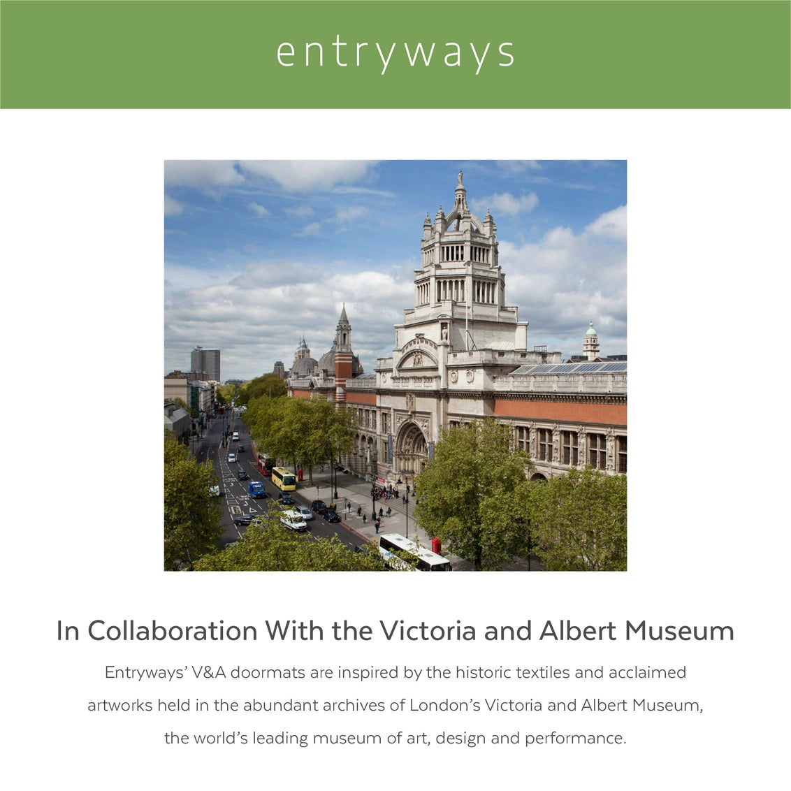 Victoria and Albert Museum exterior showing ornate white stone tower with arched entrance and tree-lined street below blue sky