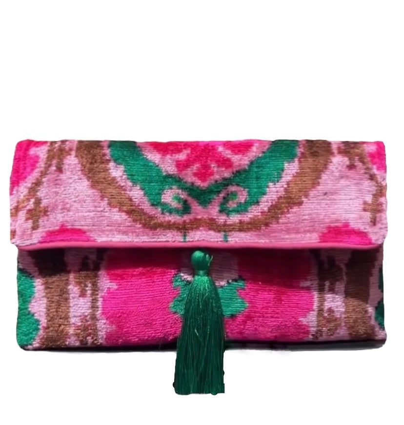 Silk Velvet Ikat Clutch - Pink Crown