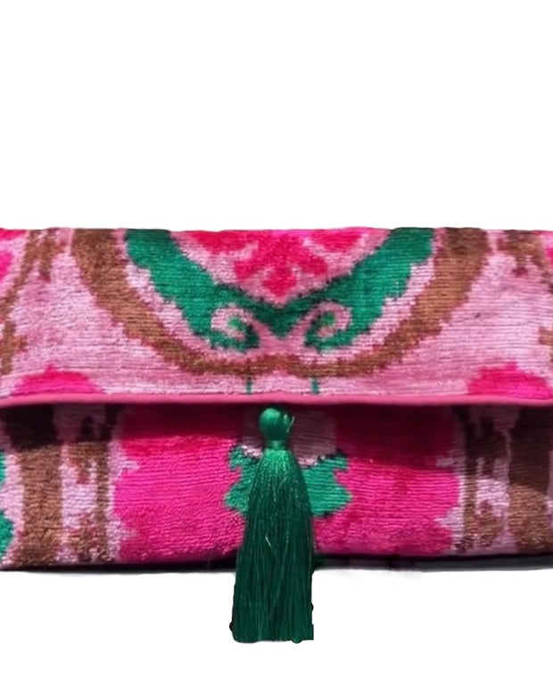 Silk Velvet Ikat Clutch - Pink Crown