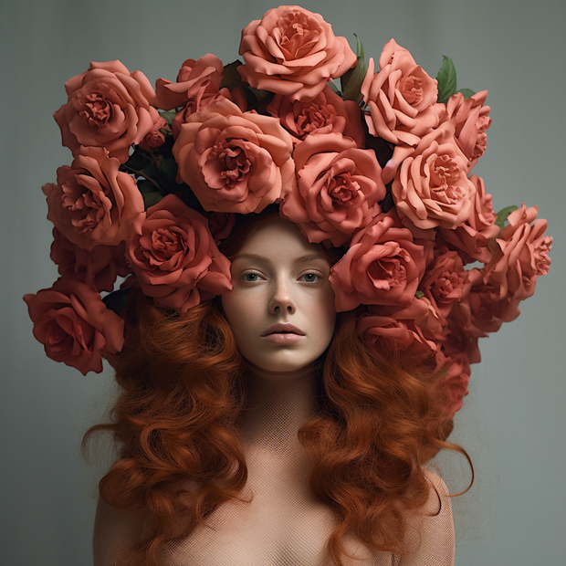 Woman with red hair and a headpiece made of pink roses against a gray background