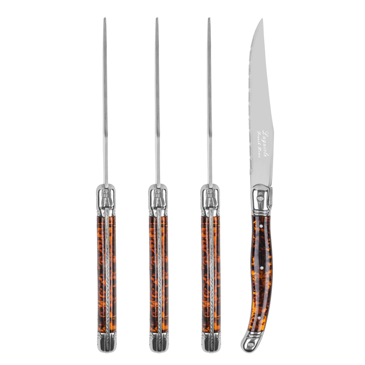 Four stainless steel steak knives with tortoiseshell-pattern acrylic handles and silver rivets, three closed and one open