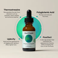 Amber glass dropper bottle of MadHippie peptide serum with black cap and white label showing green watercolor circles on beige