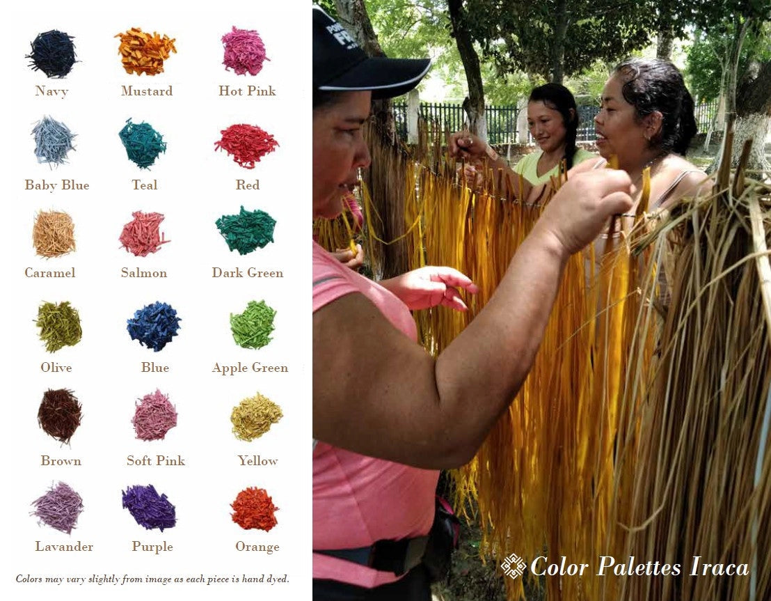 Artisans hand-dyeing golden yellow raffia fibers outdoors next to color palette chart showing 18 natural dye shades