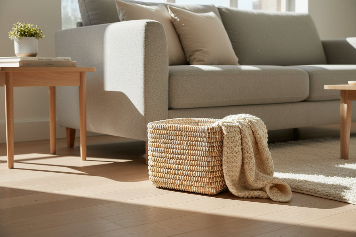Handwoven rectangular basket in natural rattan with cream thread coil stitching creating horizontal striped pattern