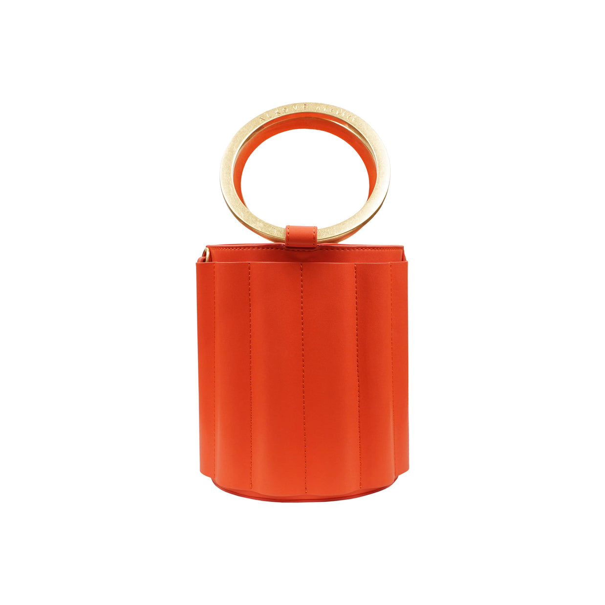 Orange leather bucket bag with vertical stitching and circular gold metal ring handle at top