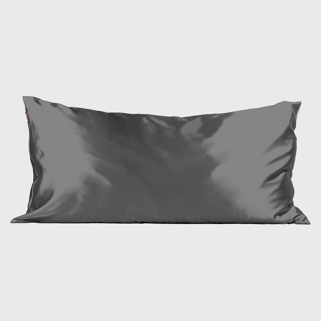 Charcoal gray satin pillowcase with smooth lustrous finish and subtle sheen on neutral background
