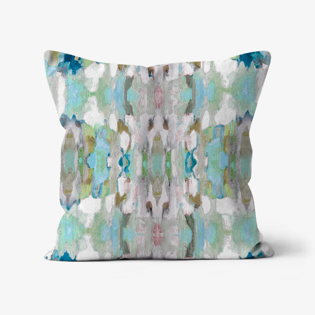 Abstract watercolor throw pillow with blurred teal, gray, white, and sage green brushstrokes in impressionistic pattern