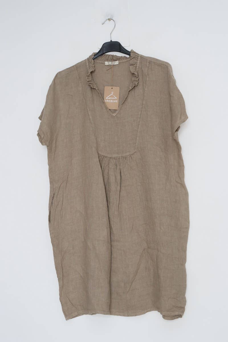 Natural taupe linen tunic dress with ruffled V-neck, short rolled sleeves, gathered waist seam on black hanger with tag