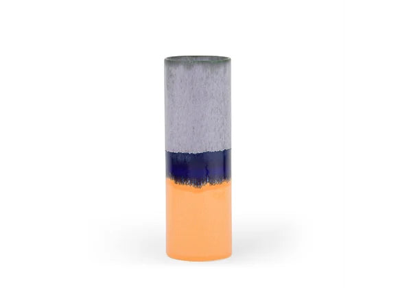 Tall cylindrical ceramic vase with tri-color glaze: white upper section, navy blue band, and coral orange base with drip effect