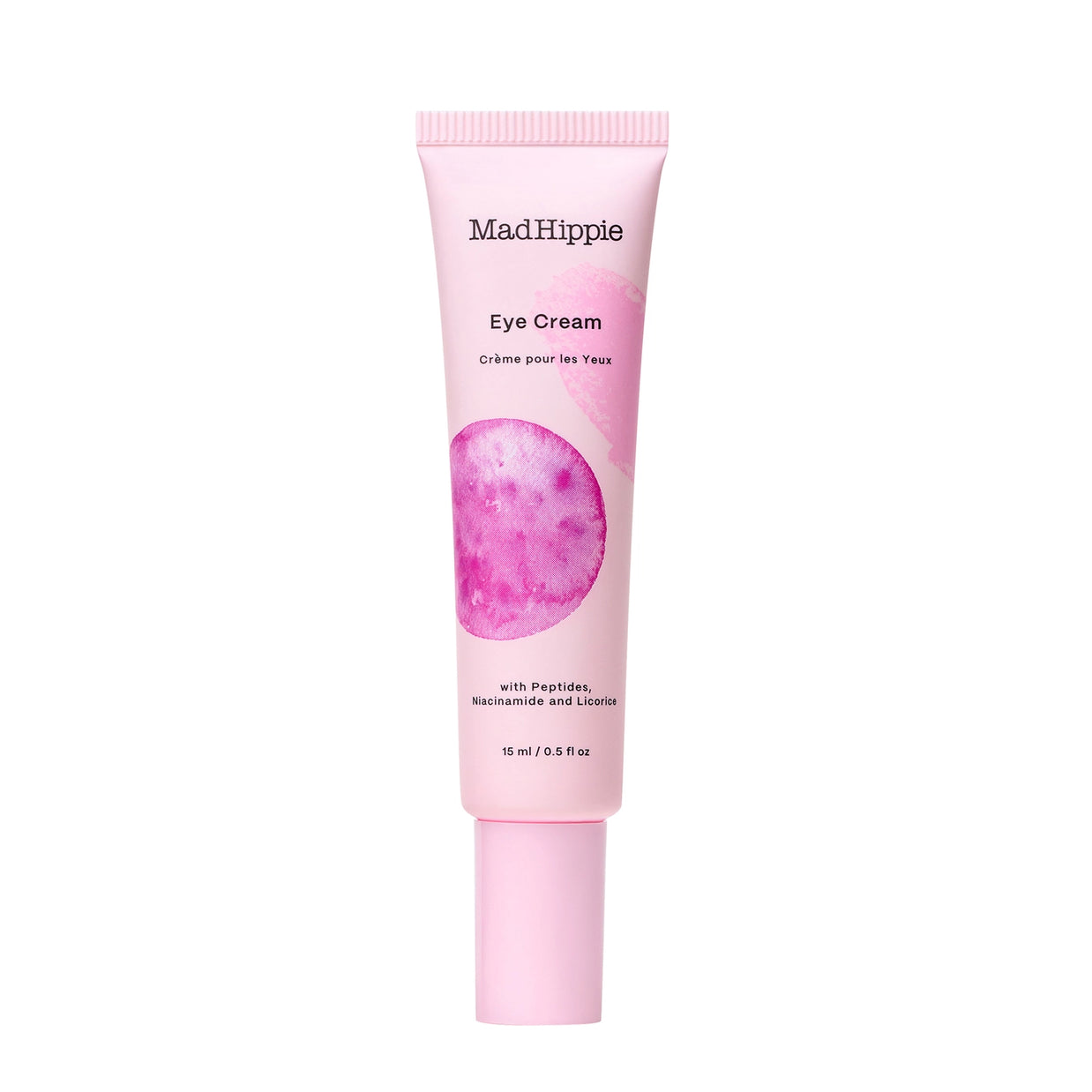 Pink squeeze tube of MadHippie Eye Cream with magenta watercolor circle design and ribbed screw cap, 15ml size