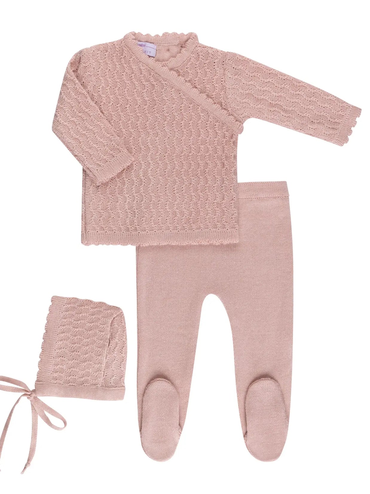 Dusty rose knit baby outfit set with textured cable-knit sweater, footed pants, and matching bonnet with ribbon ties