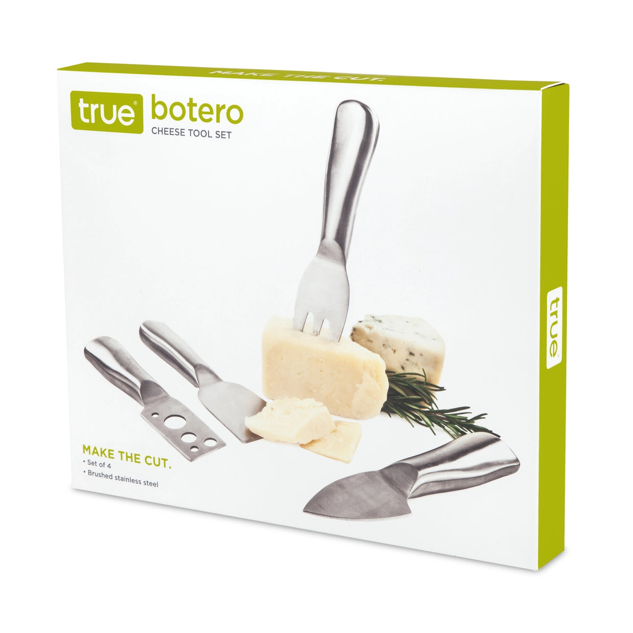 Brushed stainless steel cheese tool set of four displayed on white and lime green packaging with cheese samples and rosemary