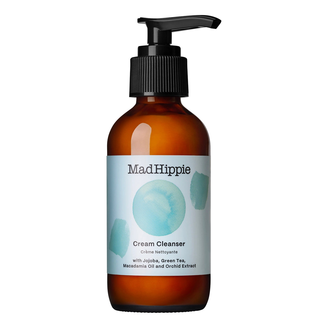 Amber glass pump bottle with black dispenser, MadHippie Cream Cleanser label featuring watercolor teal circle design