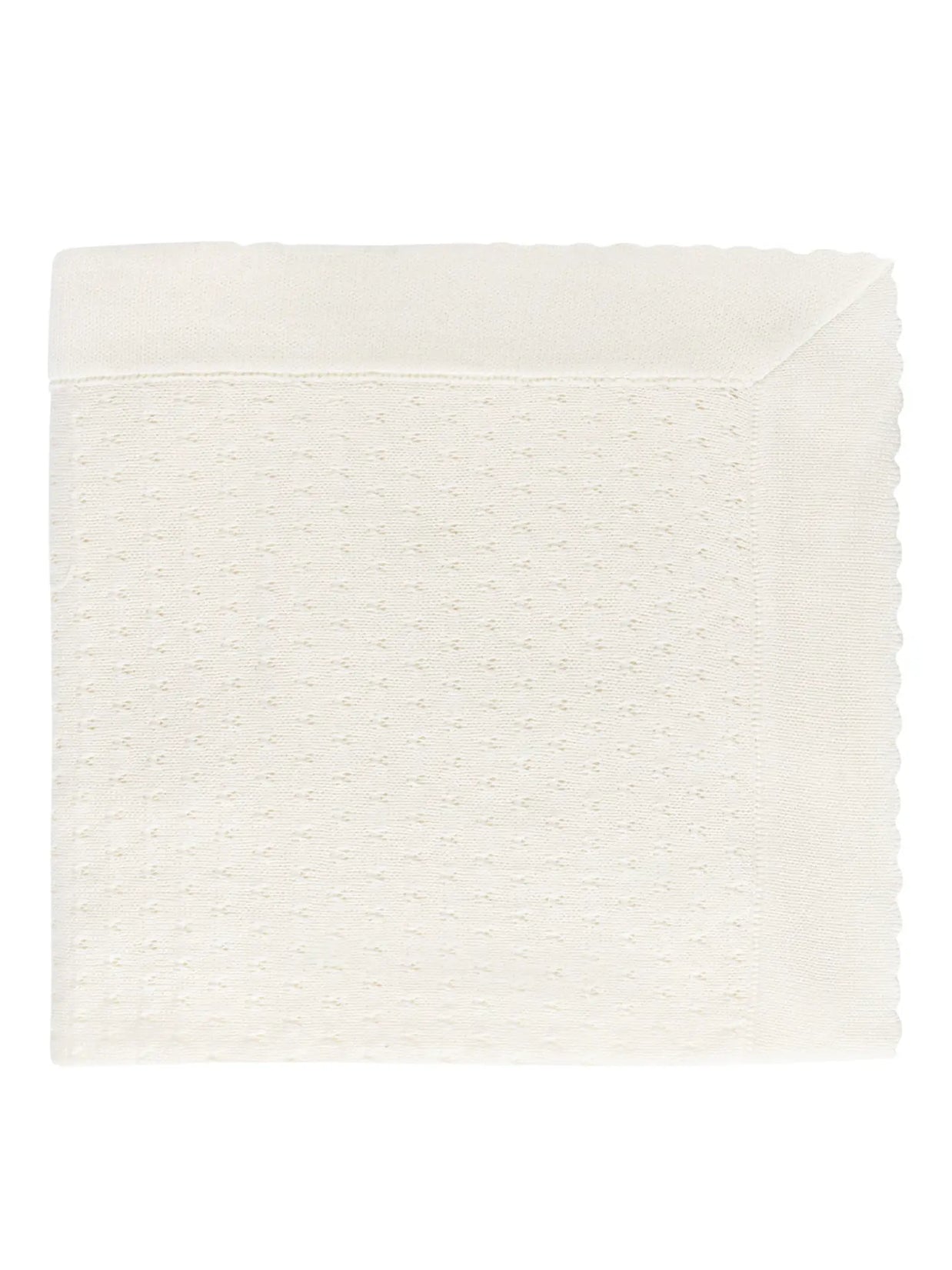Cream colored knit baby blanket with textured dotted pattern and ribbed border trim, displayed flat on white background