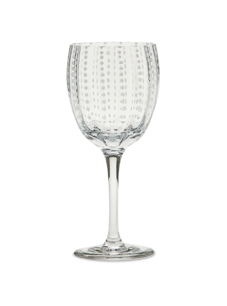 Clear crystal wine goblet with vertical rows of raised pearl-like dots creating a textured pattern on rounded bowl