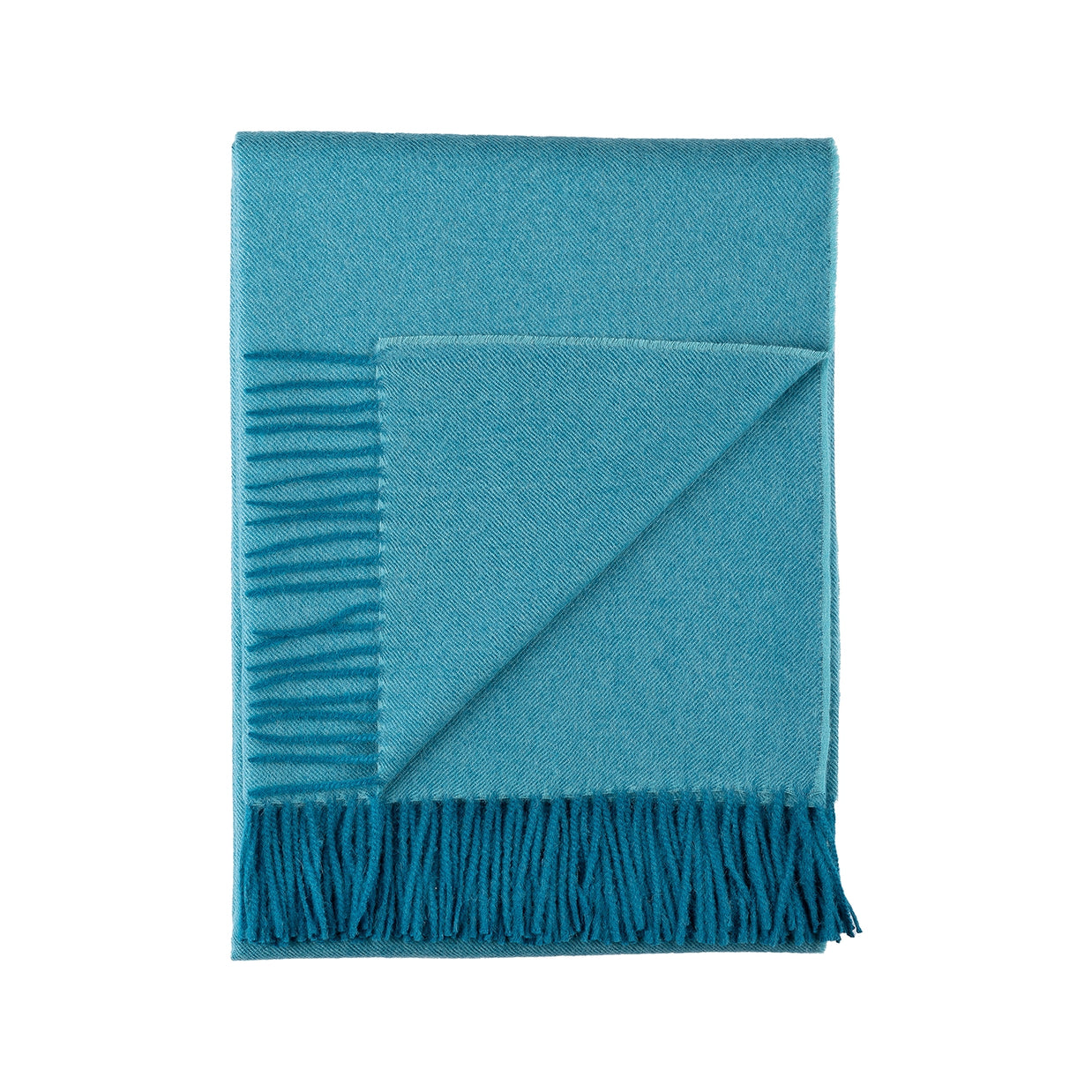 Teal wool throw blanket with diagonal twill weave pattern and knotted fringe trim along bottom edge