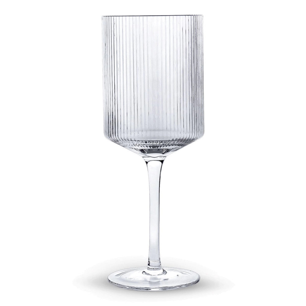 Clear crystal wine goblet with vertical ribbed texture pattern on bowl and smooth slender stem with round base