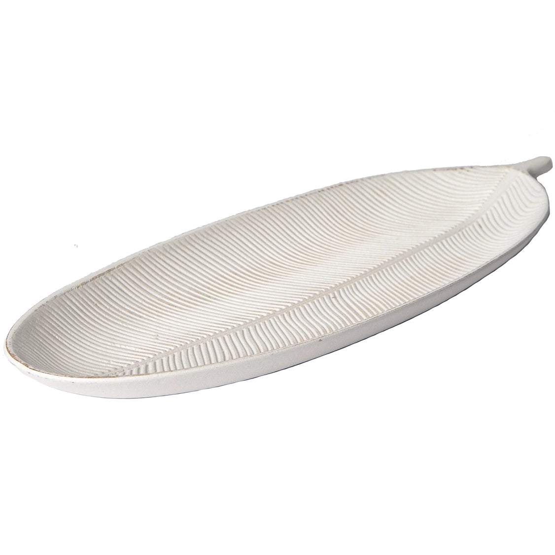 White wooden leaf-shaped serving tray with carved ribbed texture mimicking natural leaf veins and stem detail