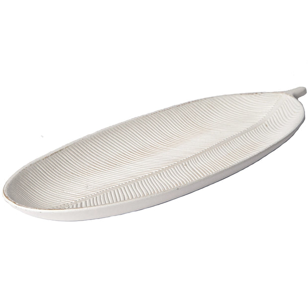 White wooden leaf-shaped serving tray with carved ribbed texture mimicking natural leaf veins and stem detail
