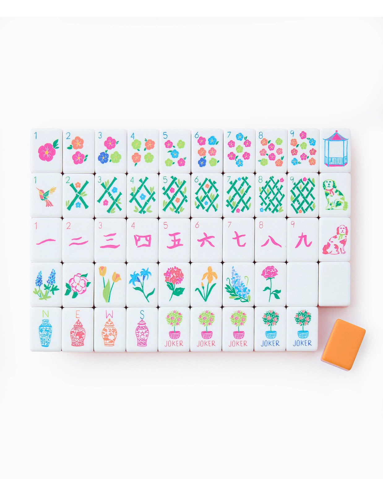 Mahjong tile set with colorful floral, bamboo, and character suits in pink, blue, green, and orange watercolor designs