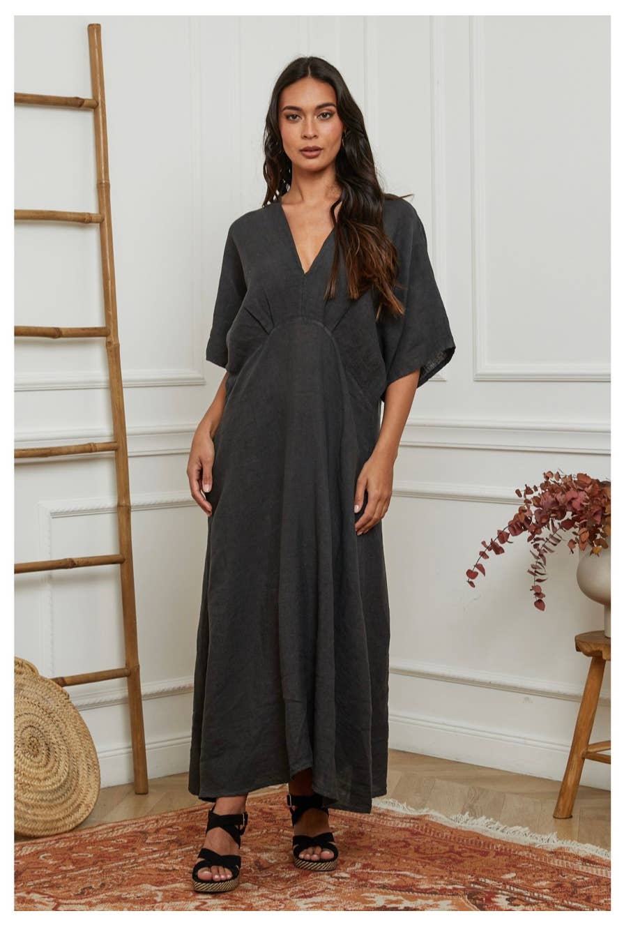 Charcoal gray linen maxi dress with deep V-neck, kimono-style elbow-length sleeves, and relaxed A-line silhouette