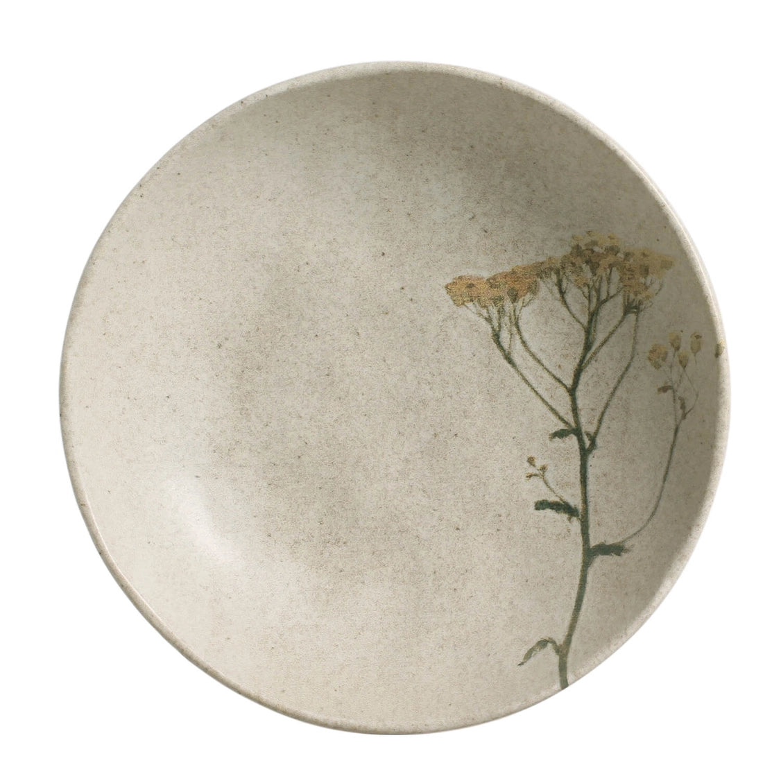 A beige stoneware salad bowl with a floral pattern in the center, including a stylized flower and leaves on a plain background.