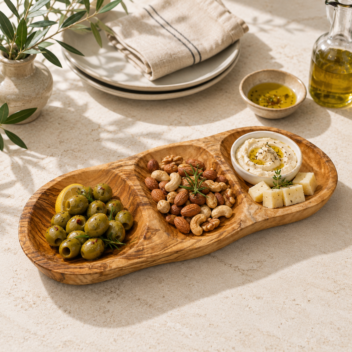 Natural OliveWood Olive Wood 3-Section Snack & Appetizer Tray