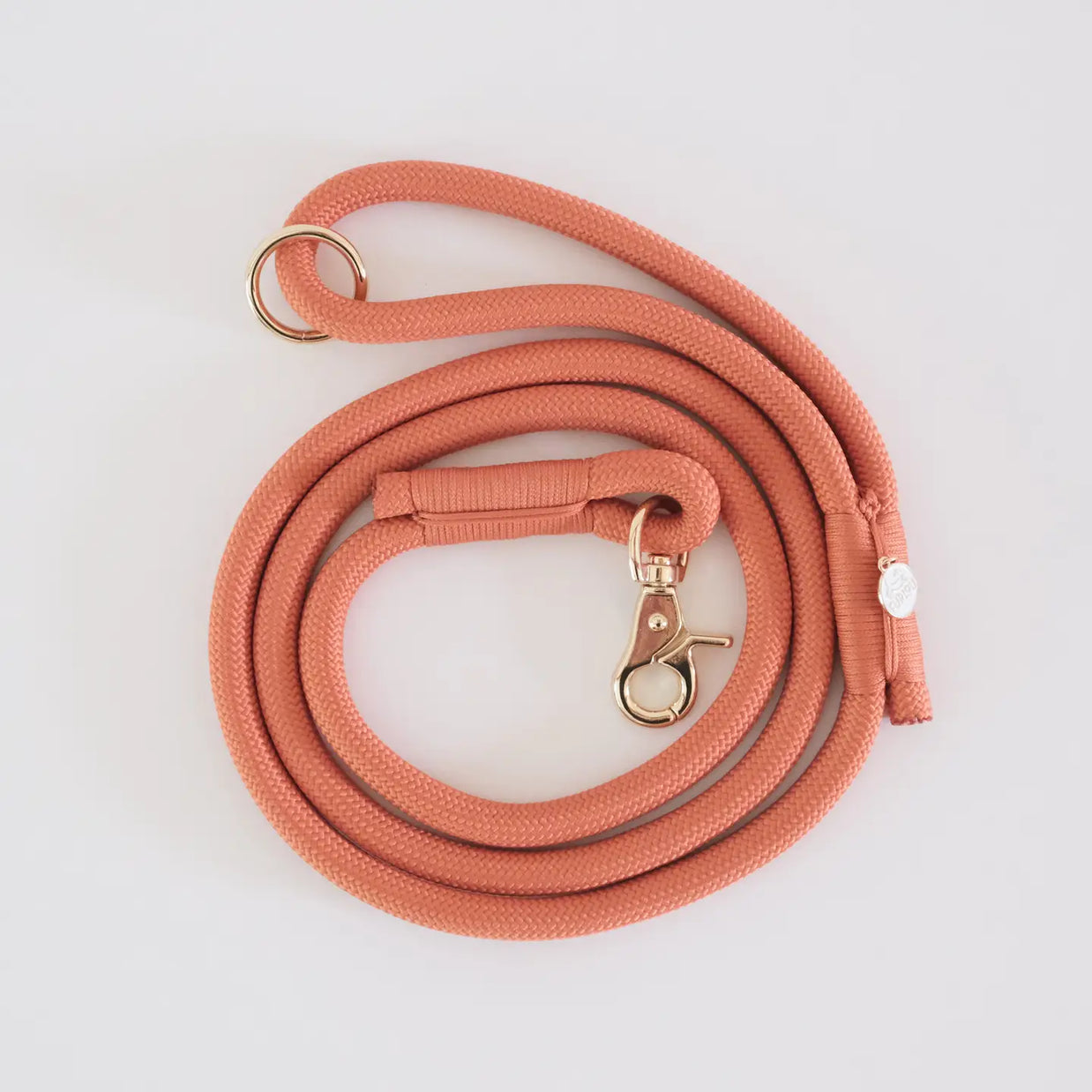 Coral-colored braided rope dog leash with gold-tone swivel clip and D-ring, coiled in spiral on white background