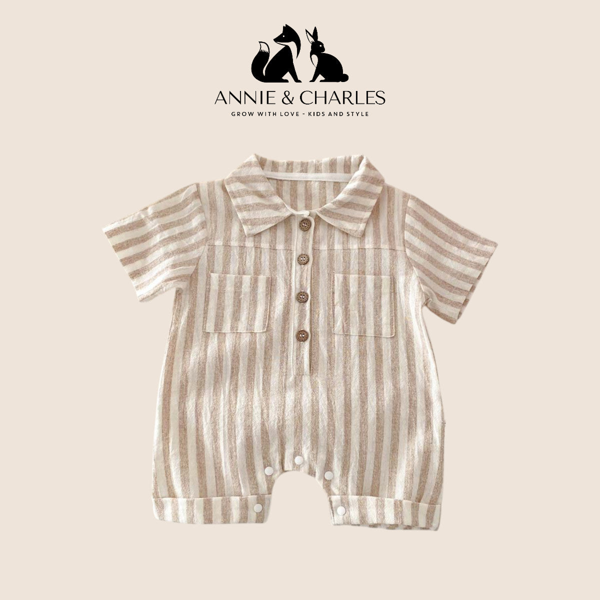 Tan and cream striped linen romper with collar, short sleeves, button front closure, and rolled cuffs on beige background