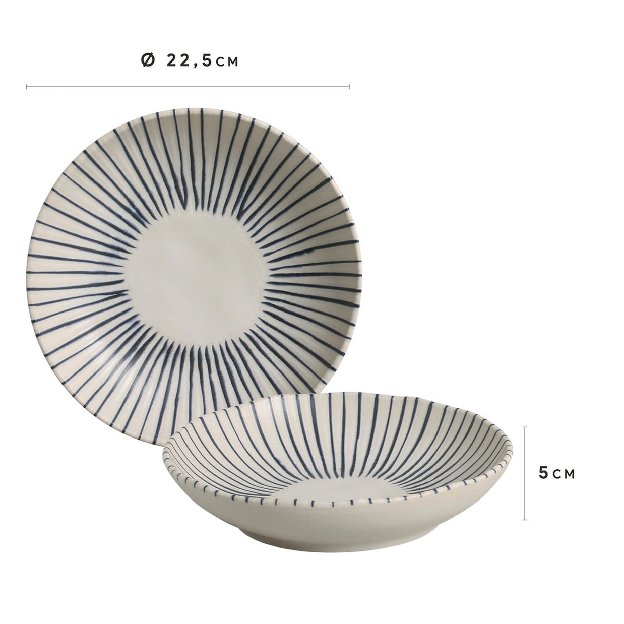 Ceramic bowl with radiating navy blue stripes on cream background, 22.5cm diameter, 5cm deep, shown from above and side angle