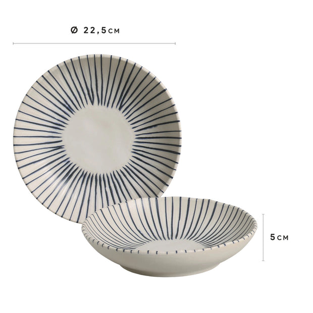 Ceramic bowl with radiating navy blue stripes on cream background, 22.5cm diameter, 5cm deep, shown from above and side angle