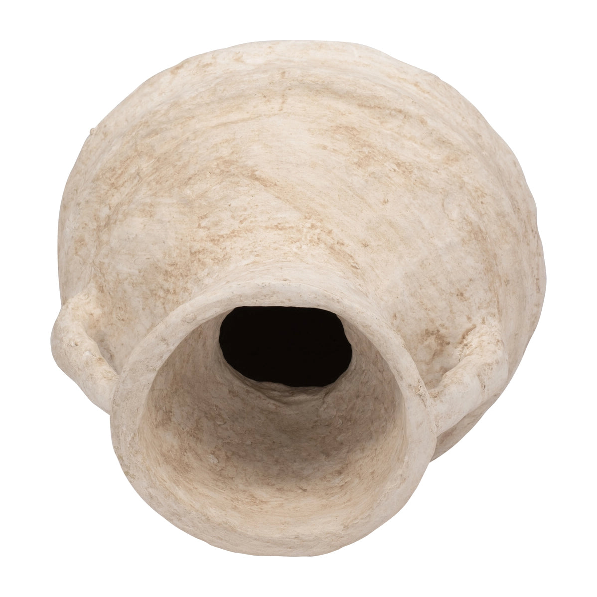 Hand-carved weathered bone or stone dome with circular opening and natural beige patina with brown grain patterns