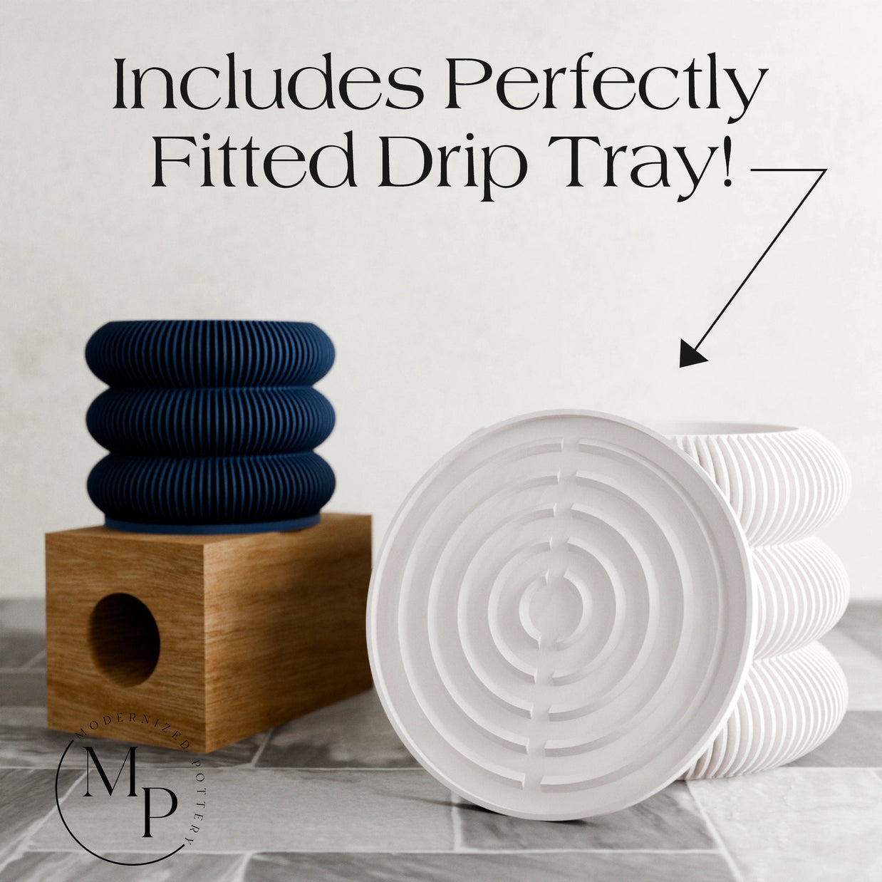 Navy blue ribbed ceramic planters stacked on wooden drip tray base with white circular drainage insert displayed separately
