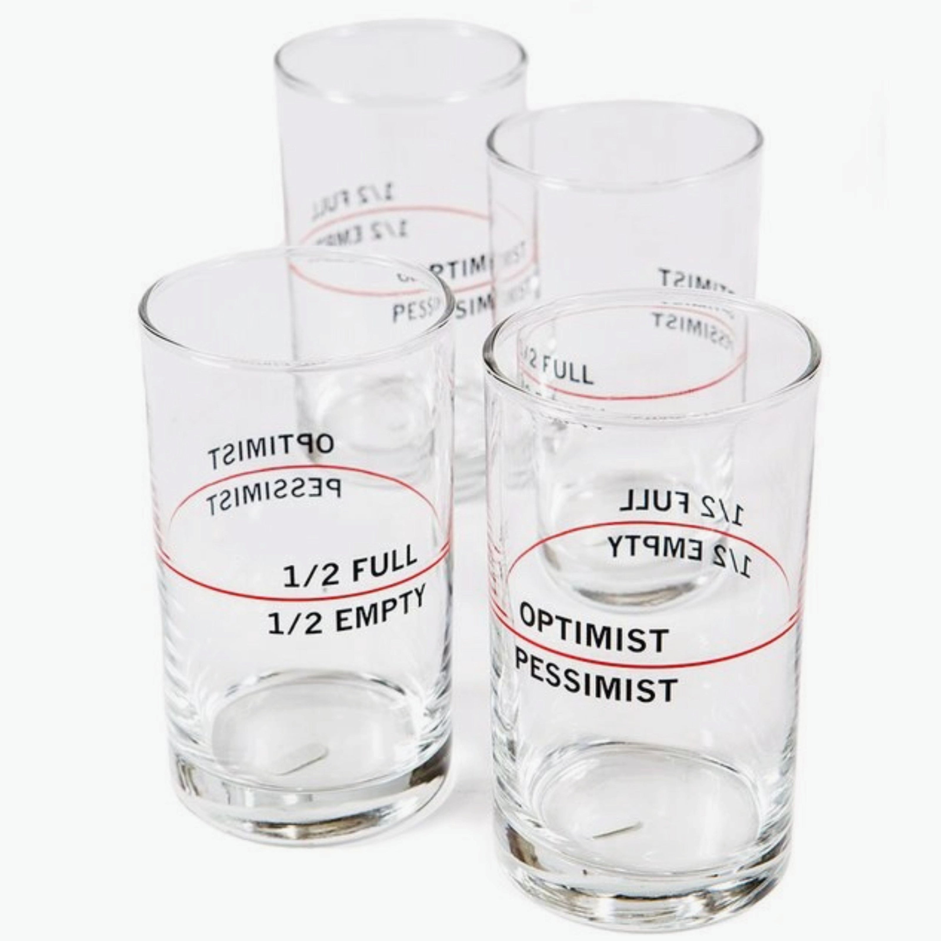 Clear glass tumblers with black text and red lines showing optimist/pessimist and half full/half empty measurements