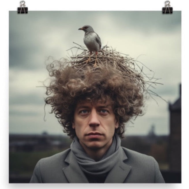 A poster featuring a man with a bird's nest on his head, set against a dark background.