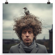 A poster featuring a man with a bird's nest on his head, set against a dark background.