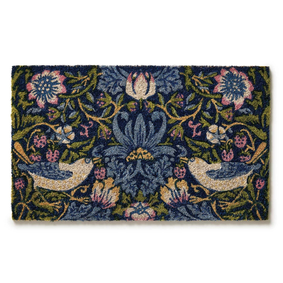 Navy coir doormat with William Morris-inspired floral pattern featuring cream birds, pink flowers, and olive green vines