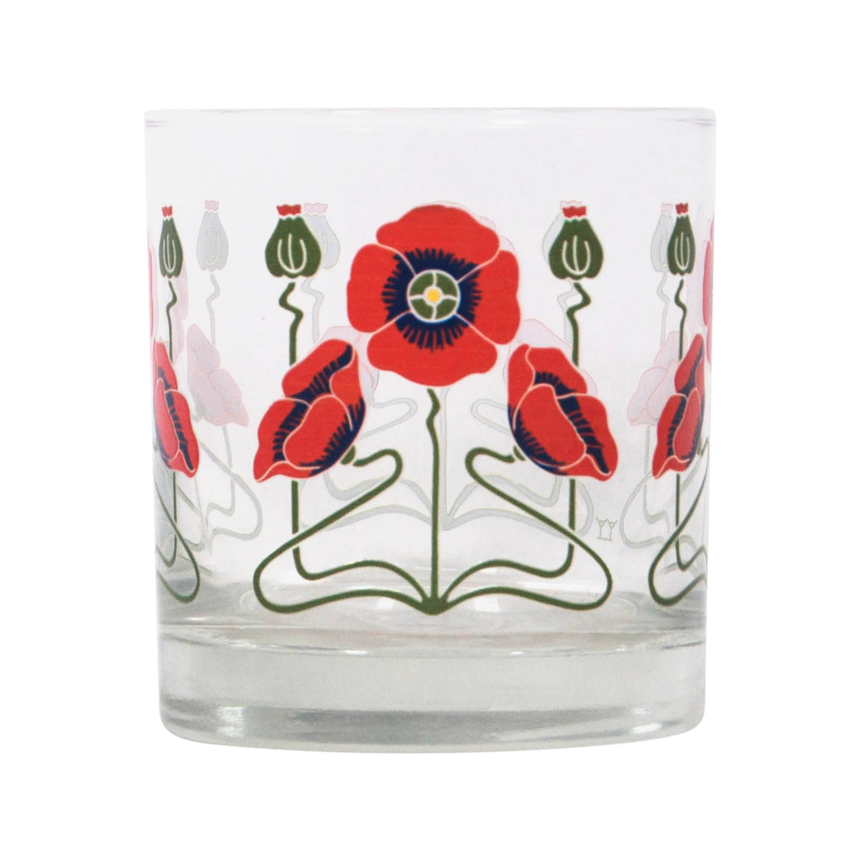 Clear glass tumbler with vibrant red poppies, navy centers, yellow stamens, and green stems in Art Nouveau style pattern