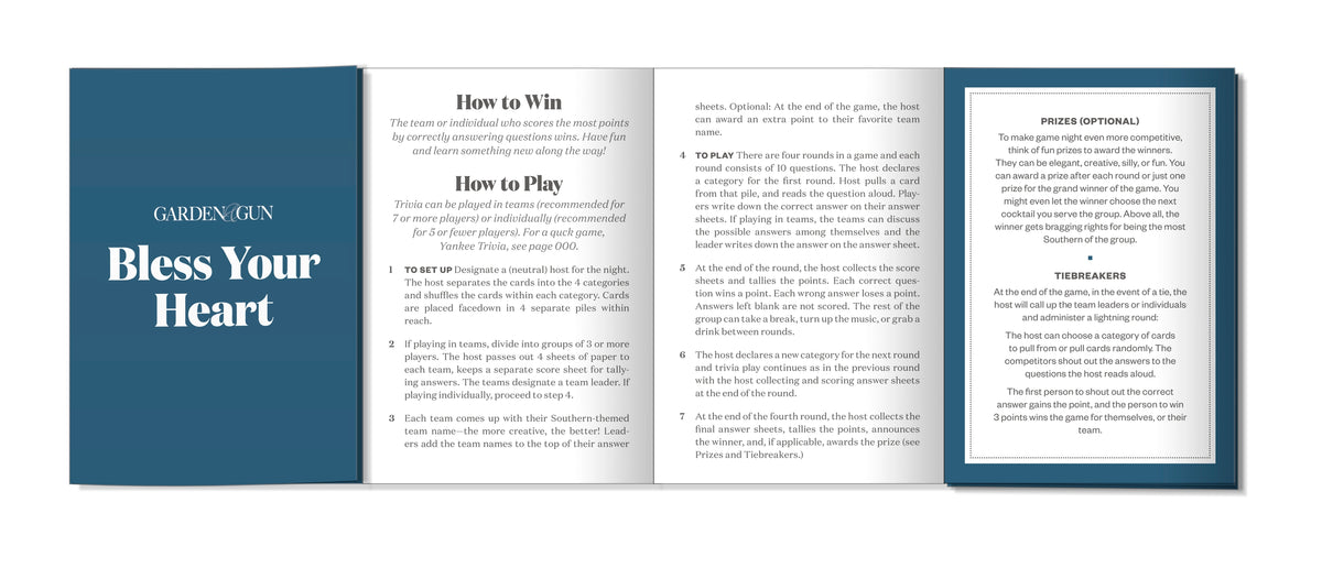 Open trivia game instruction booklet with teal blue cover showing Bless Your Heart title and game rules on white pages