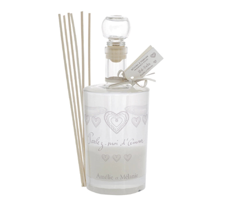 White frosted glass reed diffuser with heart pattern and French text, featuring clear spherical stopper and natural reeds