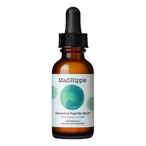 Amber glass dropper bottle with black cap containing Mad Hippie Corrective Peptide Serum with blue-green watercolor circle label