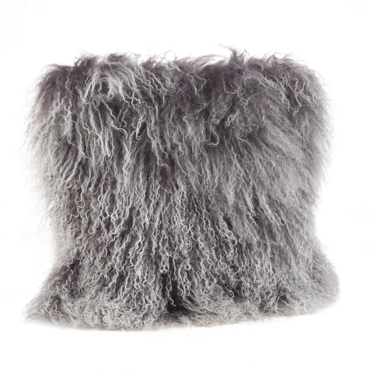 Mongolian lamb fur pillow in graduated charcoal to silver gray tones with long curly textured fibers on white background