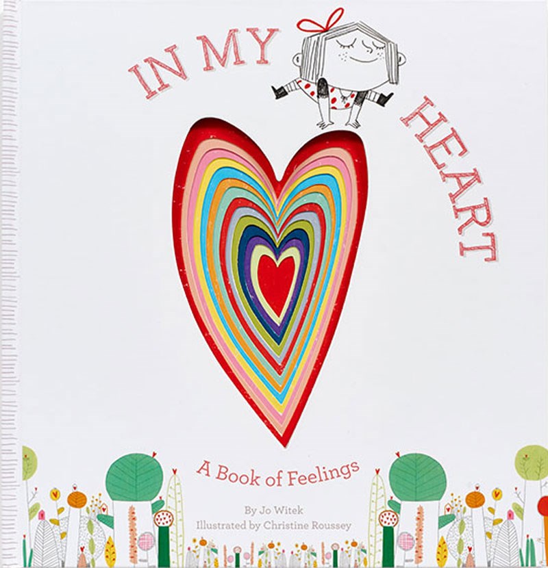 Children's book cover with concentric rainbow hearts in red, pink, blue, orange, yellow, and navy with whimsical character above