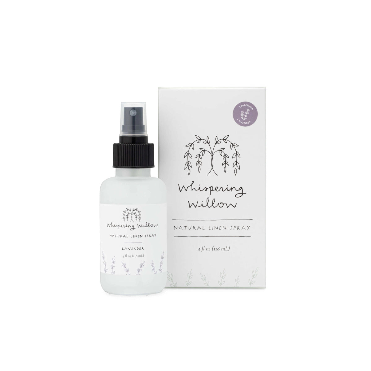 Frosted glass spray bottle with black pump top beside white box, both featuring willow tree illustrations, lavender scent