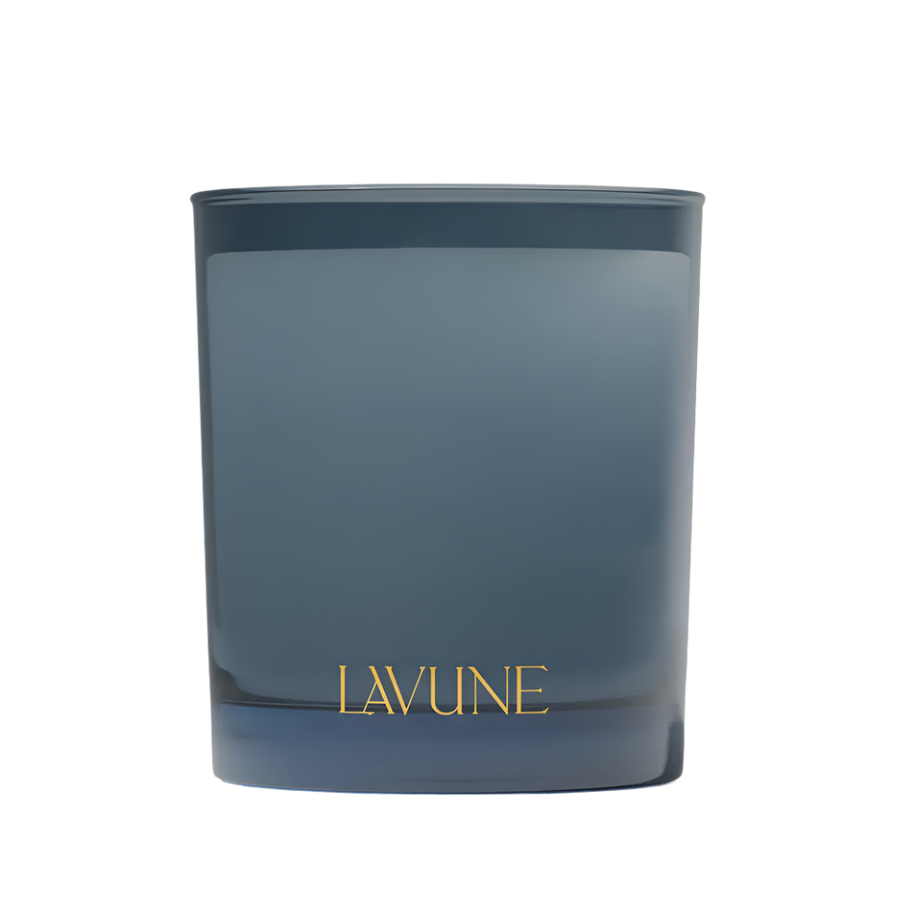 Blue candle with 'LAVUNE' branding on a beige background