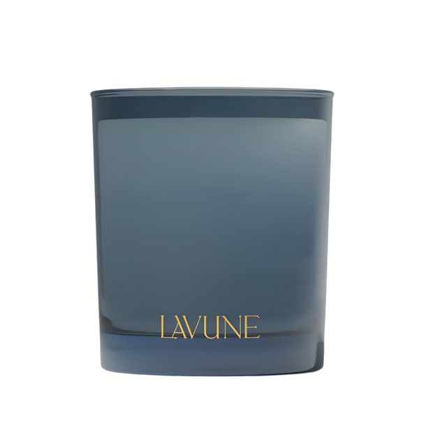 Blue candle with 'LAVUNE' branding on a beige background