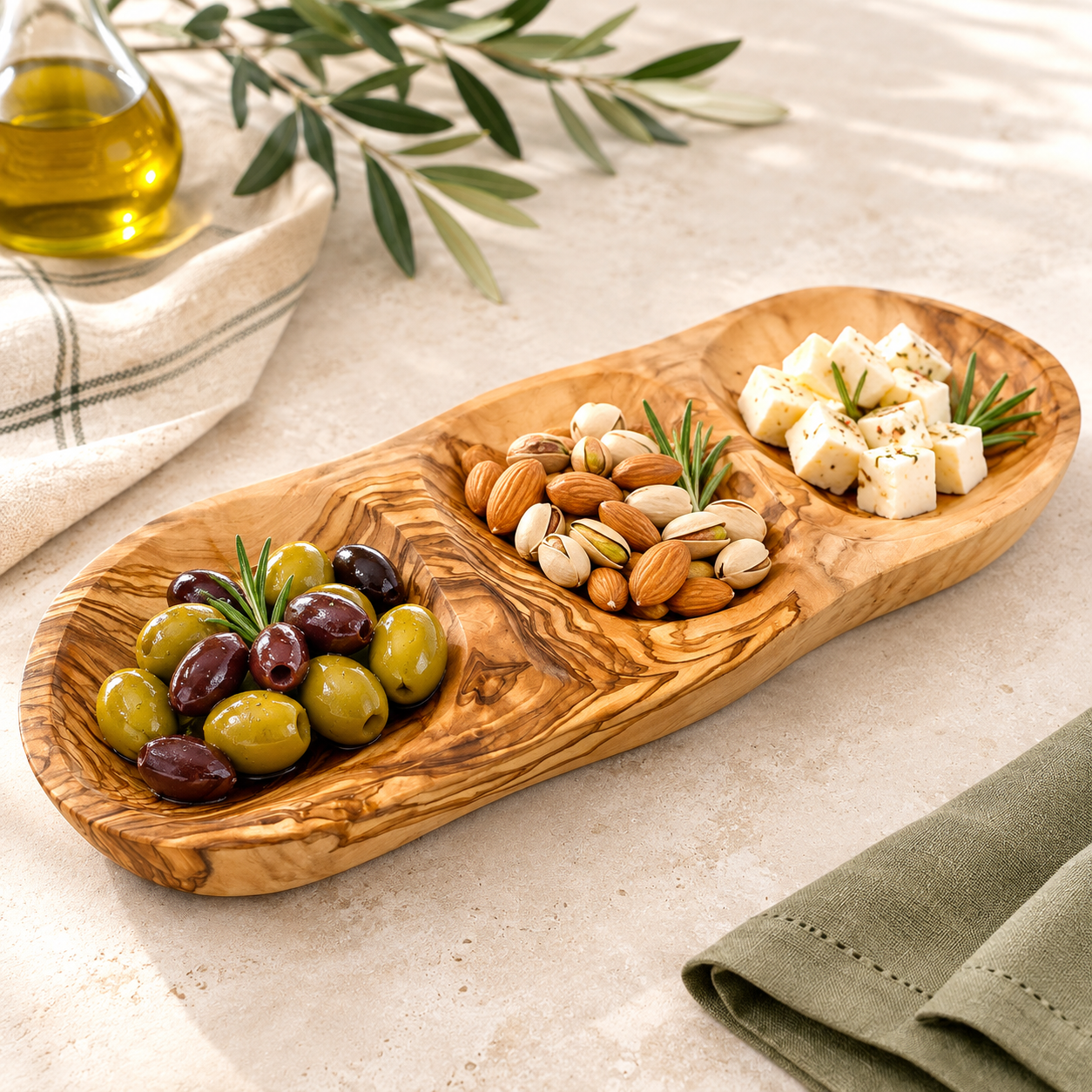 Natural OliveWood Olive Wood 3-Section Snack & Appetizer Tray