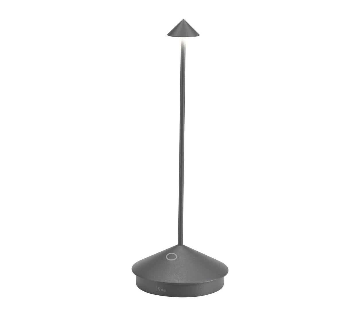 Matte gray metal rechargeable LED table lamp with conical shade, slender stem, and circular weighted base with button
