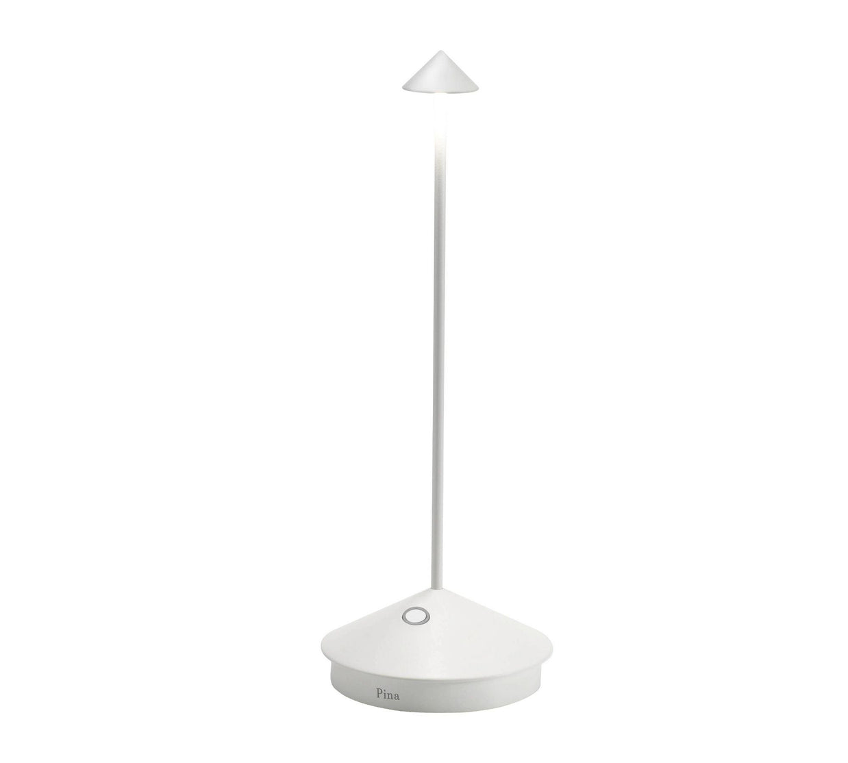 Minimalist white cordless LED table lamp with conical shade, slender stem, and circular base with touch button control